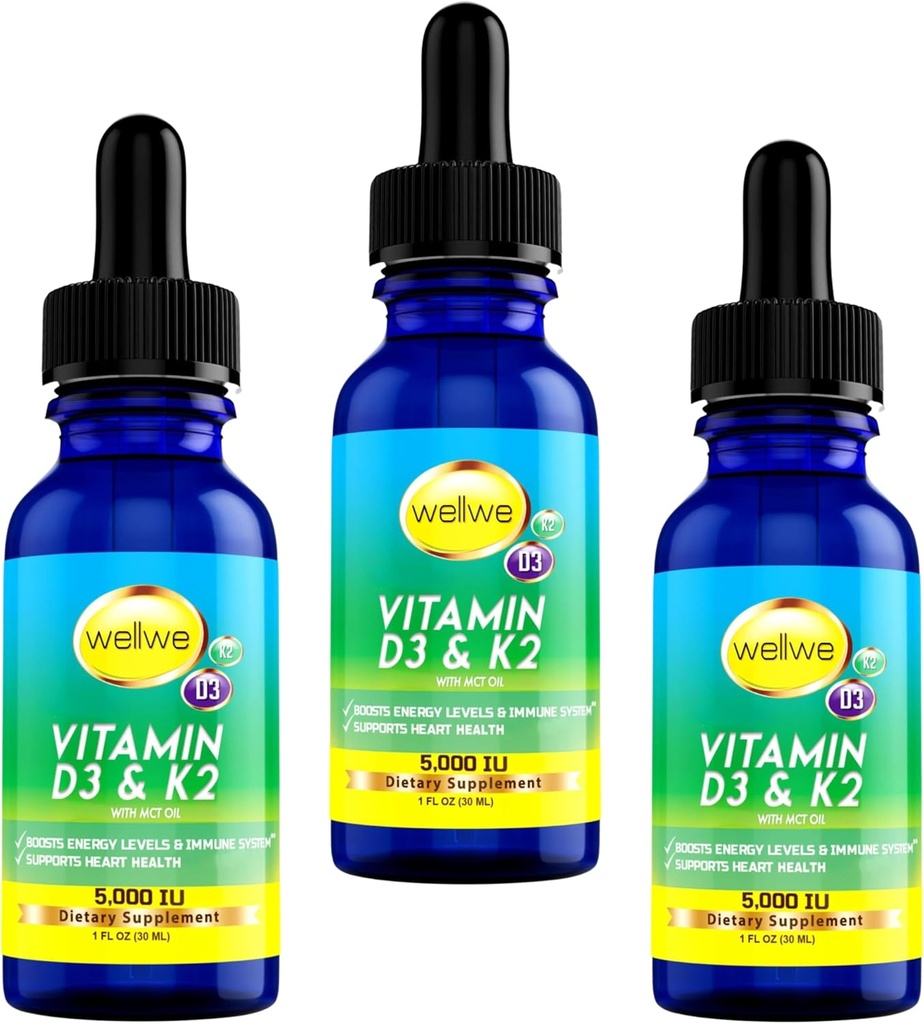 Tekoči vitamin D3 K2 Kapljice z MCT oljem 5000 i.e. - Vegan, brez okusa, brez vonja, brez soje, brez glutena, brez GMO, 1000 i.e. na kapljo, poveča energijo in imunski sistem (3 pakiranja)