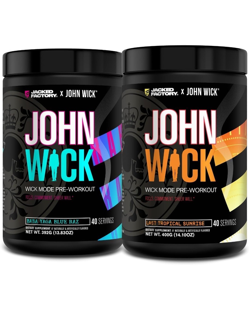 Jacked Factory X John Wick - Wick Mode Pre Workout Powder - intenzivna energija, bojno pripravljen fokus, neustavljiva zaveza in čista volja - Baba Yaga Blue Raz & Zadnji tropski sončni vzhod
