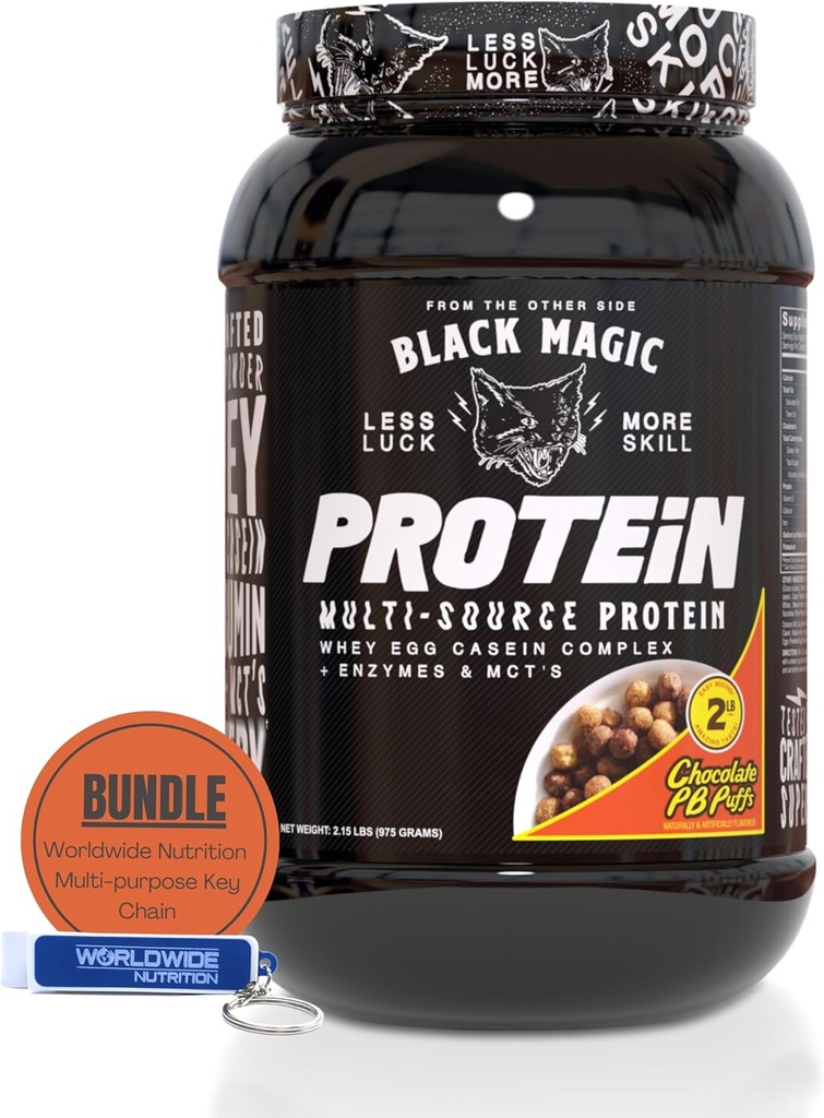 Svetovni prehranski paket: Black Magic Multi-Source Casein Protein Powder-Whey, Egg Albumin Enzymes, Micellar Casein & MCT-Muscle Mass Pridobivanje Bodybuilding-Chocolate PB Puffs 2LB & Keychain