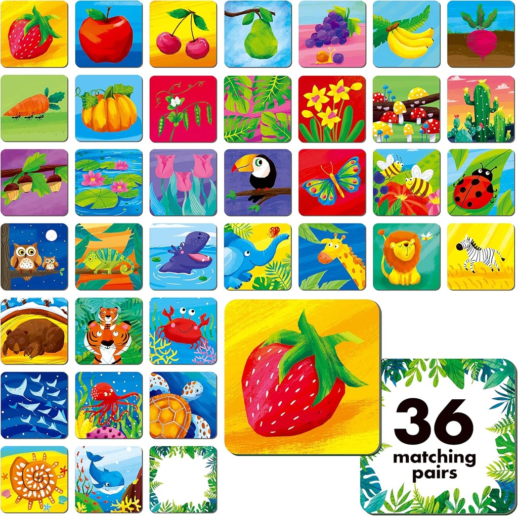 Spomin ujemanje igre, 72 PCS Nature Tema ujemanje kartice za malčki 36 Pari spominske kartice za vrtec 4 5 6 let