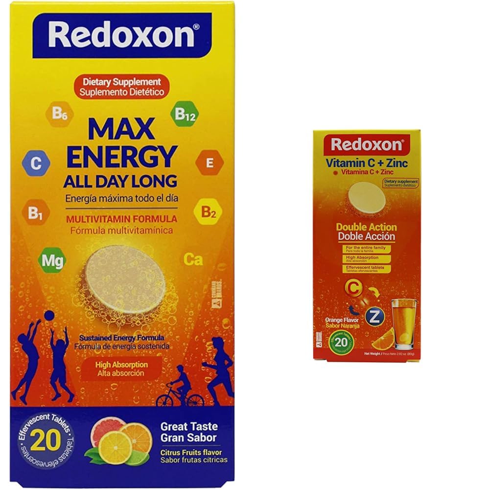 Redoxon Max Energy Citrus Šumeče tablete Imunska podpora Bundle Vitamin C C C Cinkov šumeče pomarančne imunske podporne tablete