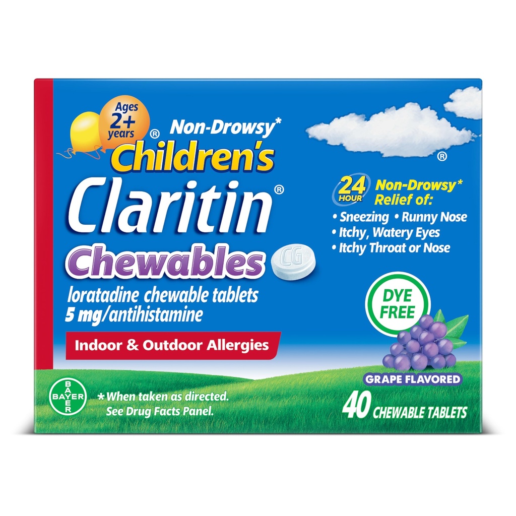 Claritin Otroška alergija Medicine, 24-urni ne-zasoplost Loratadin 5mg žvečljiva tableta, Antihistaminik za otroke starosti 2 leti in starejši, grozdni okus, 40 tablet