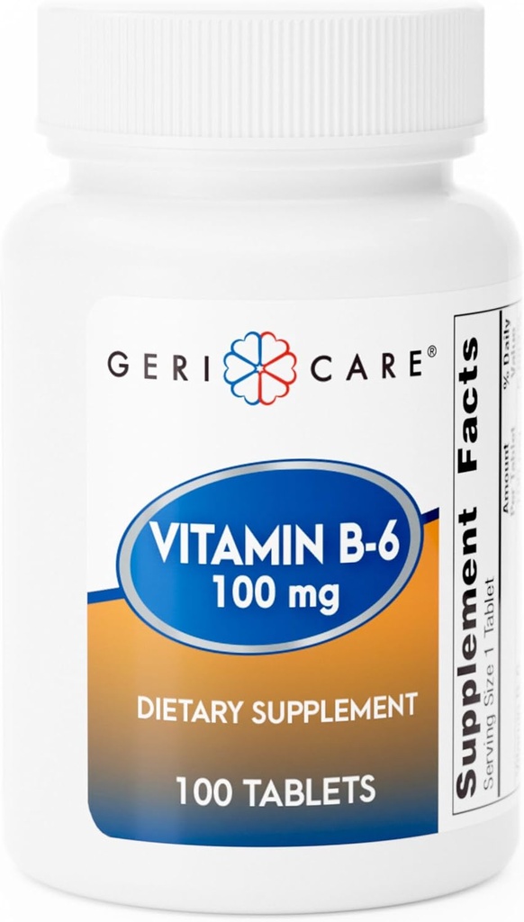 GeriCare Vitamin B-6 100mg, 100 tablet – Dnevna prehranska podpora za zdravo delovanje možganov, izboljšanje razpoloženja, cirkulacijsko zdravje in presnova – pomaga boj proti utrujenosti in spodbujanje splošno dobro počutje