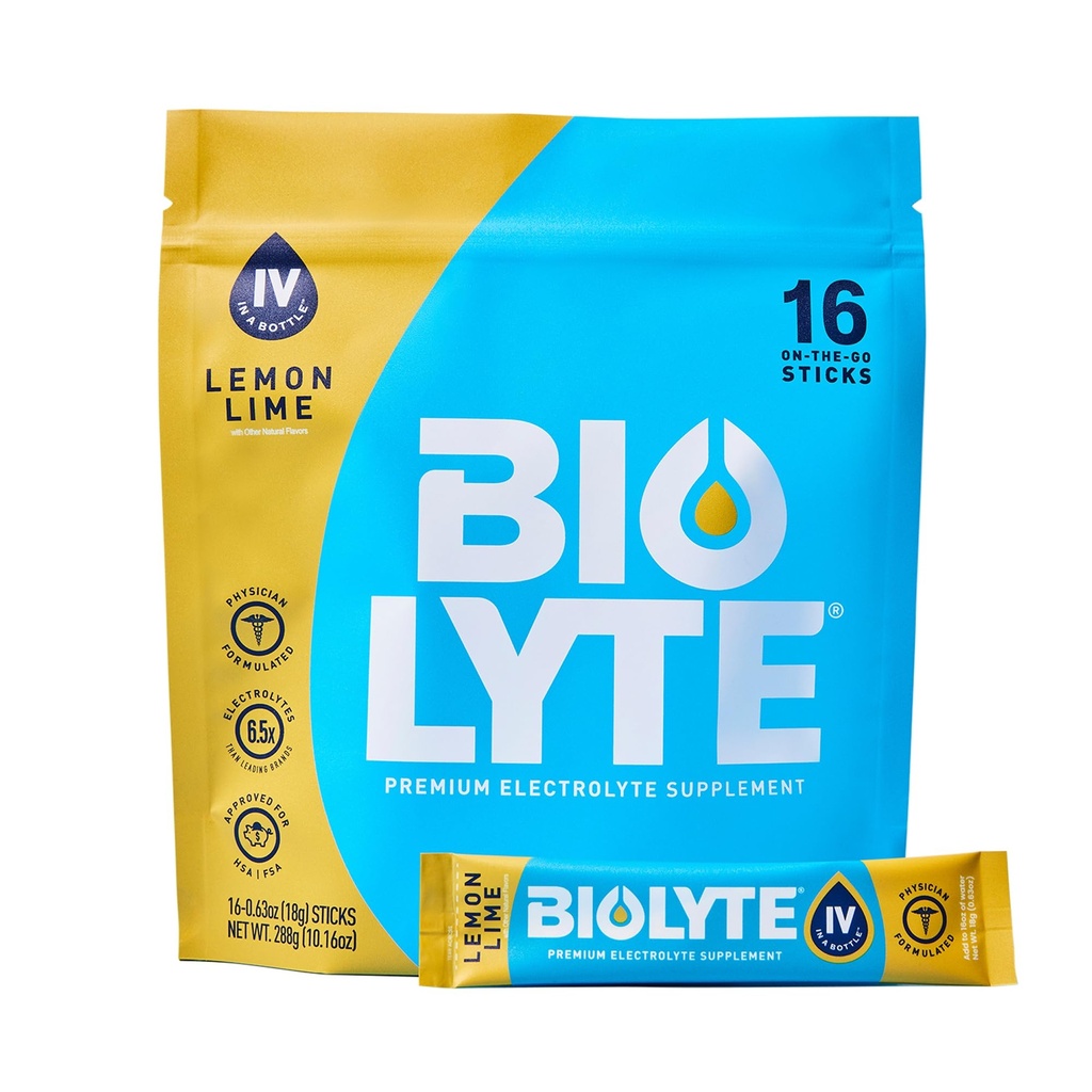 BIOLYTE IV Elektrolitski paketi v prahu, IV Tekoča mešanica za vodo, doktorsko razvita hidracija, HSA & FSA odobrena dehidracija, kemoterapija mora imeti za ženske in moške limone (16 palic)