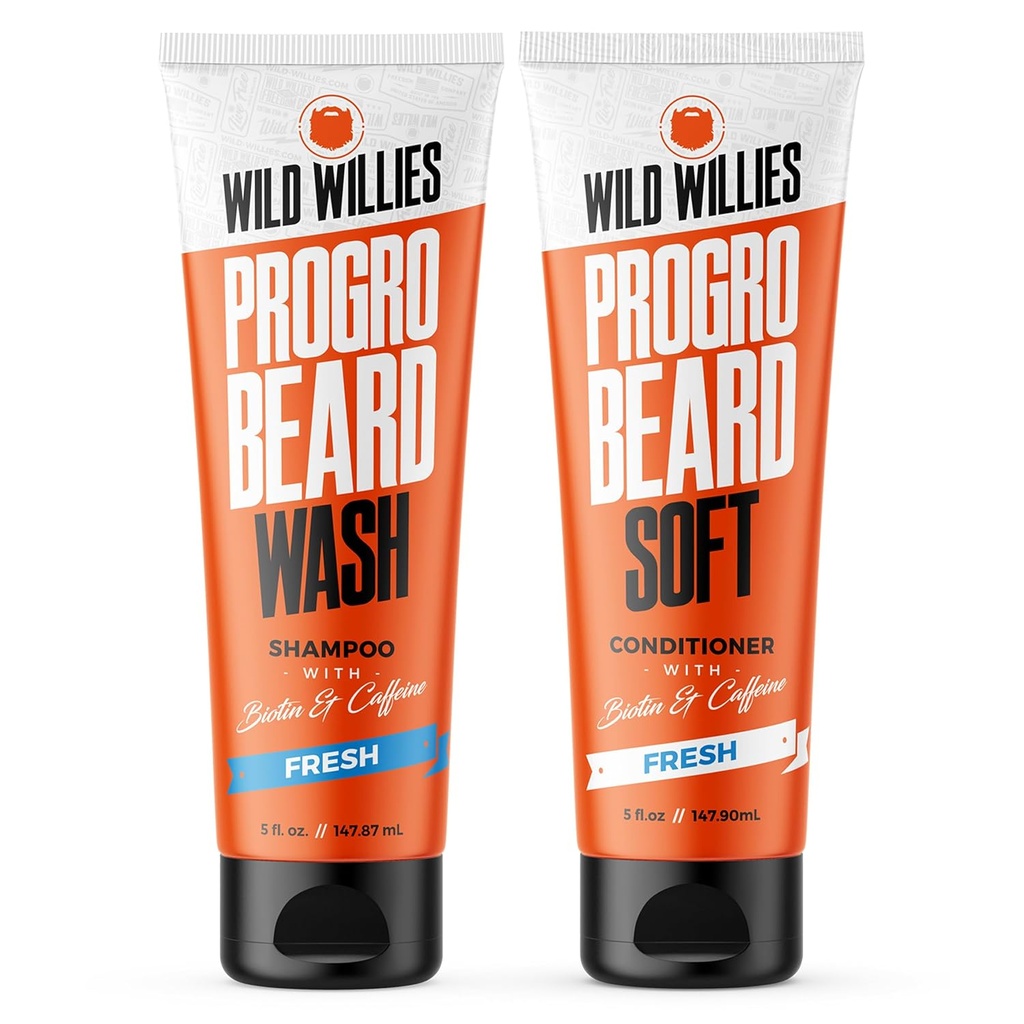 Divji Willies PROGRO Beard Shampoo and conditioner Kit - Fortified w/Caffeine & Biotin - Krepitev, Flake-free, vlažilni brade pranje in naprava za moške, 2 x 5oz cevi