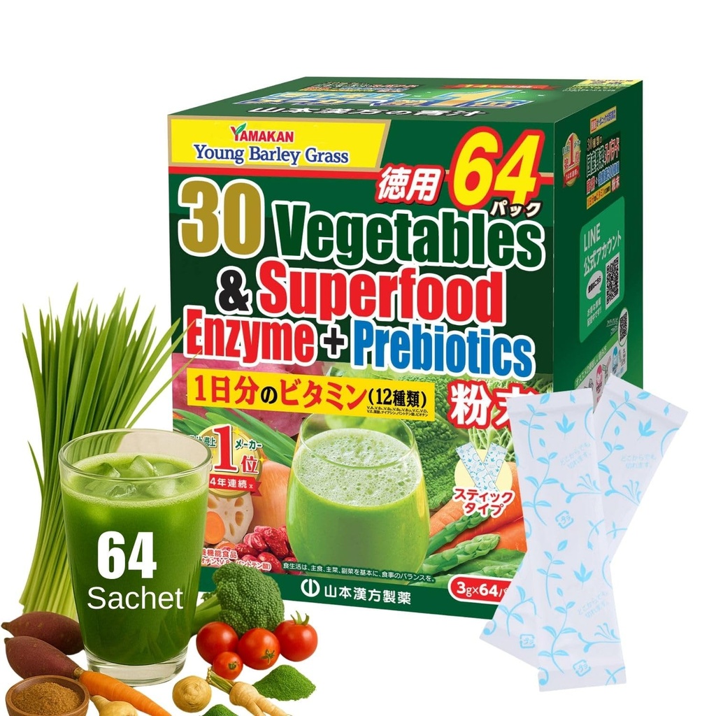 Yamamoto Kanpoh YAMAKAN Greens Superfood Powder s prebiotično Fiber & Enzymes za digestion, 30 Veggies & Young Ječmen travni sok mešanica iz Japonske, Gut Zdravje za ženske in moške, 64 Paketi