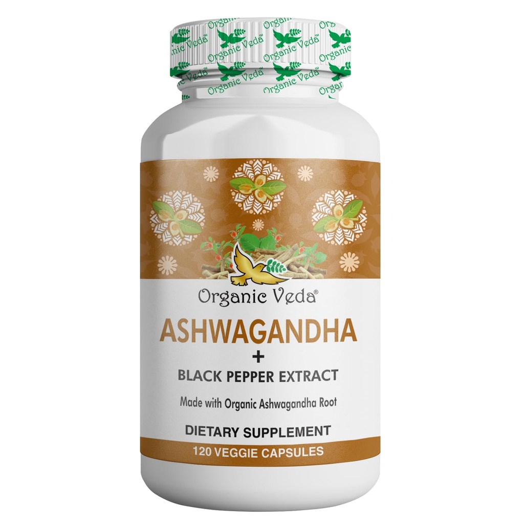 Organic Veda Ashwagandha dopolnila, 1500mg - Ashwagandha kapsule s črno papriko ekstrakt - Izdelano iz čistega 100% Organic Ashwagandha koren - Mood podpora dodatek & energija, 120 Veggie