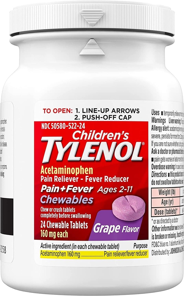 Tylenol Otroška bolečina Plus vročina, Grozdje, 24 Žvečljive tablete (paket po 2)