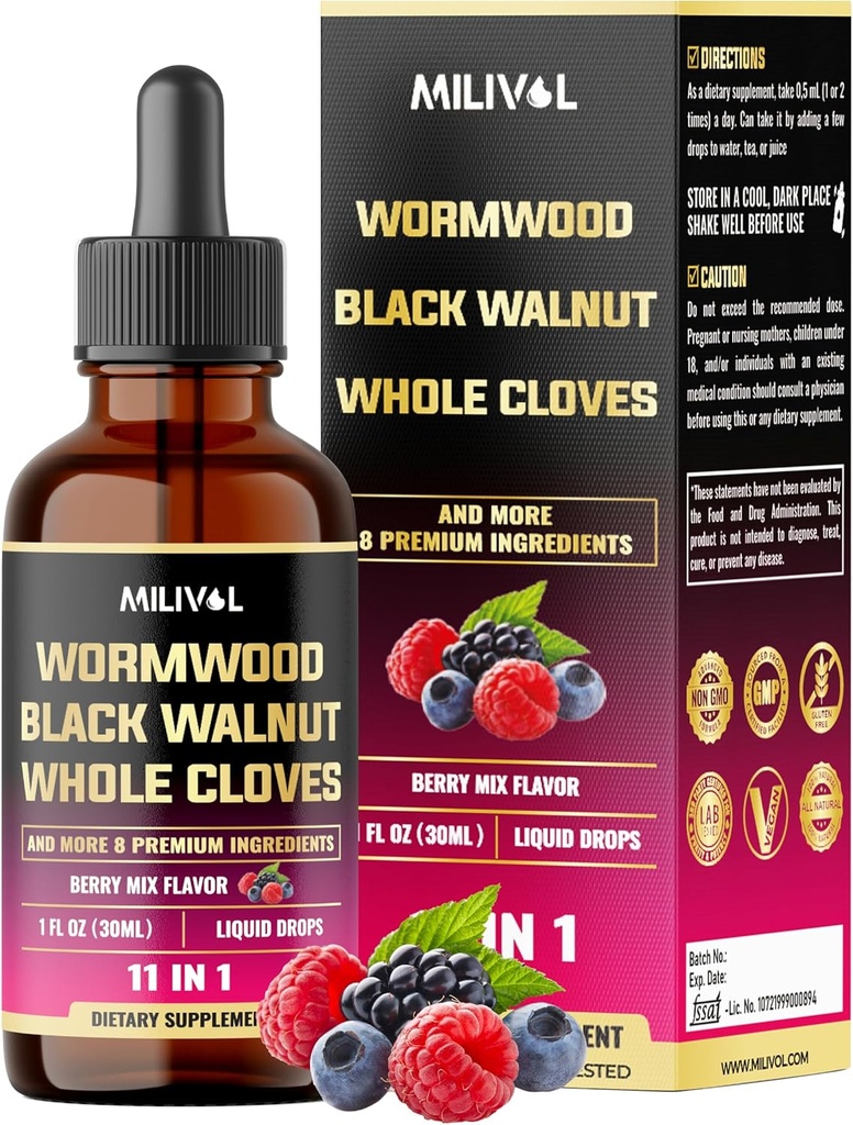 11in1 Črni orešček izvleček tinkture iz Wormwooda s celimi kloni, berberinom in 8 več - 2 meseca dobave - 1 Fl Oz - Berry Mix Flavor