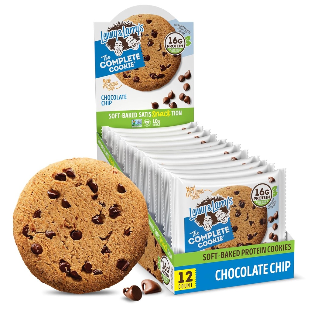 Lenny & Larry's The Complete Cookie, Chocolate Chip, Soft Pek, 16g rastlinski proteini, Vegan, Non-GMO, 4 Ounce Cookie (Pack of 12)