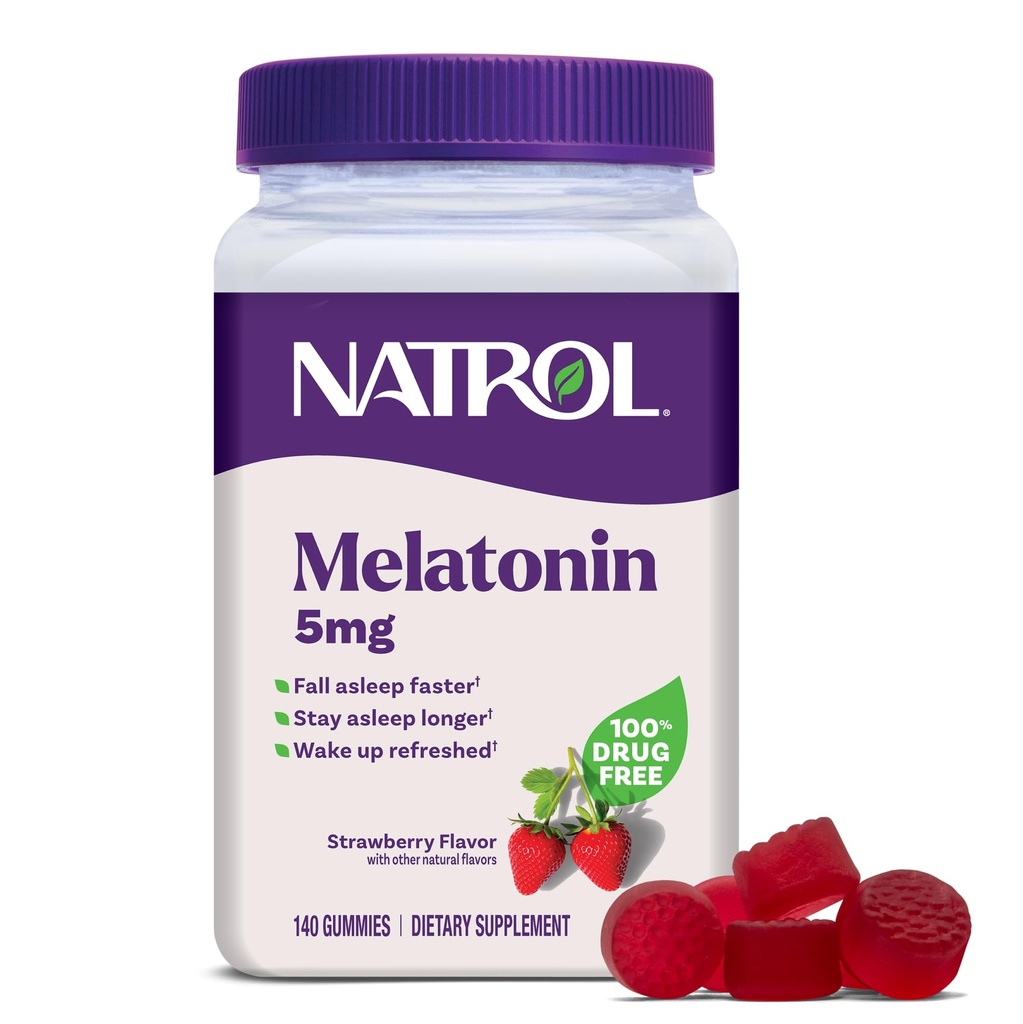 Natrol 5mg Melatonin Gummies, podpora za spanje za odrasle, Melatonin dopolnila za spanje, 140 Jagode z okusom jagode, 70 dnevna dobava