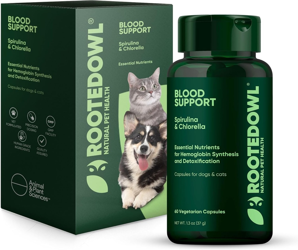 Ukoreninjena podpora krvi iz sove - imuniteta, regeneracija in železno dopolnilo za pse in mačke - Anemija Podpora s Spirulina in Klorella - 60/ct Veganske kapsule