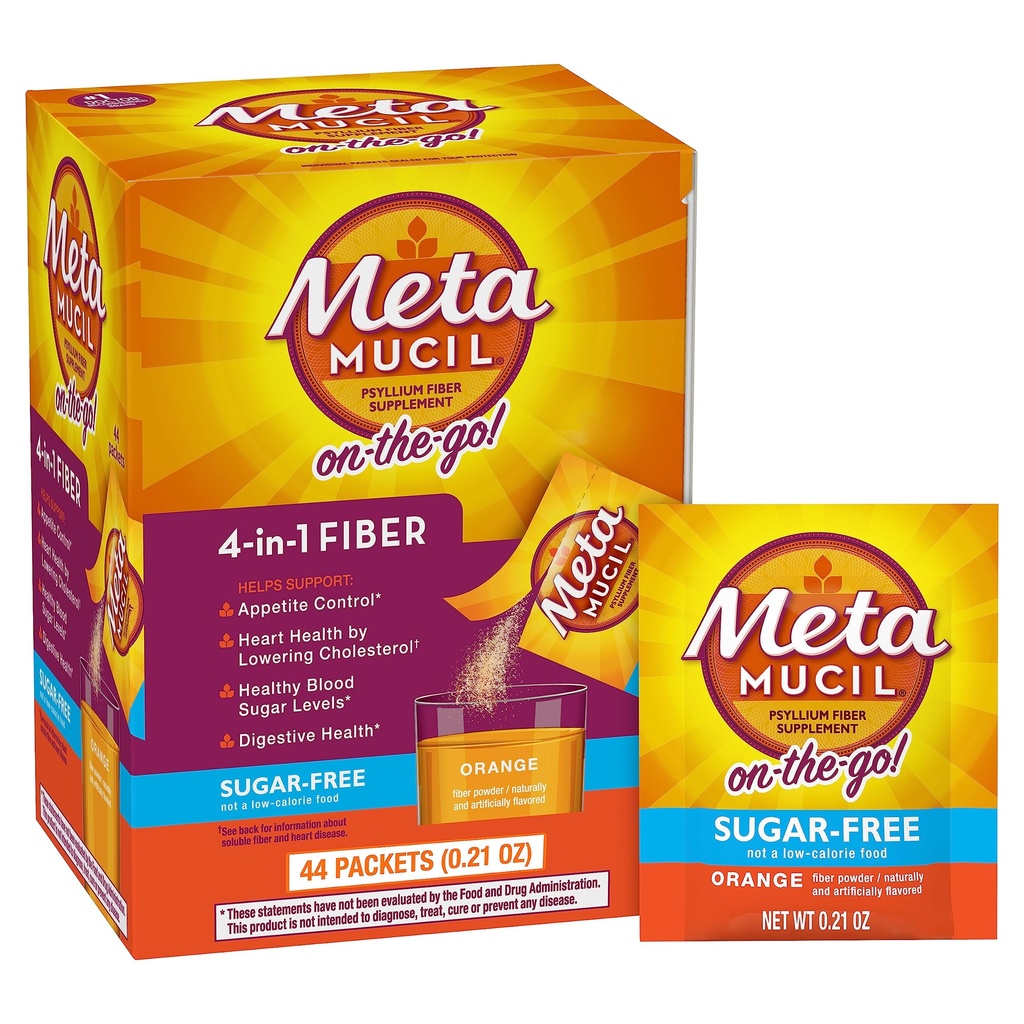 Metamucil On-the-Go Packets, Sugar-free, 44 Packets, 4-in-1 Psyllium Husk Fiber Dodatek, Orange aromed, Individual Servings Odlično za potovanja, Fiber dodatek za digestivno zdravje in rednost