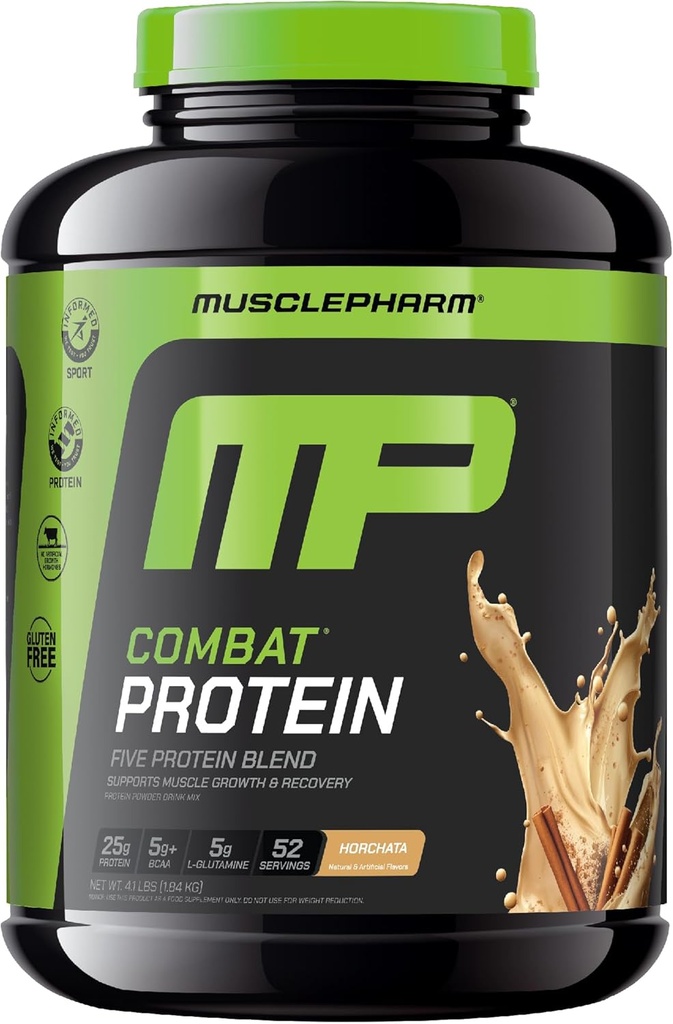 Muscle Pharm Combat Protein Powder, Horchata Flavor, Goriva mišice za produktivne vadbe, 5 Beljakovine Viri, vključno z izolatom sirotkinih beljakovin in jajčni albumin, Gluten Free, 4 lb, 52 Serving