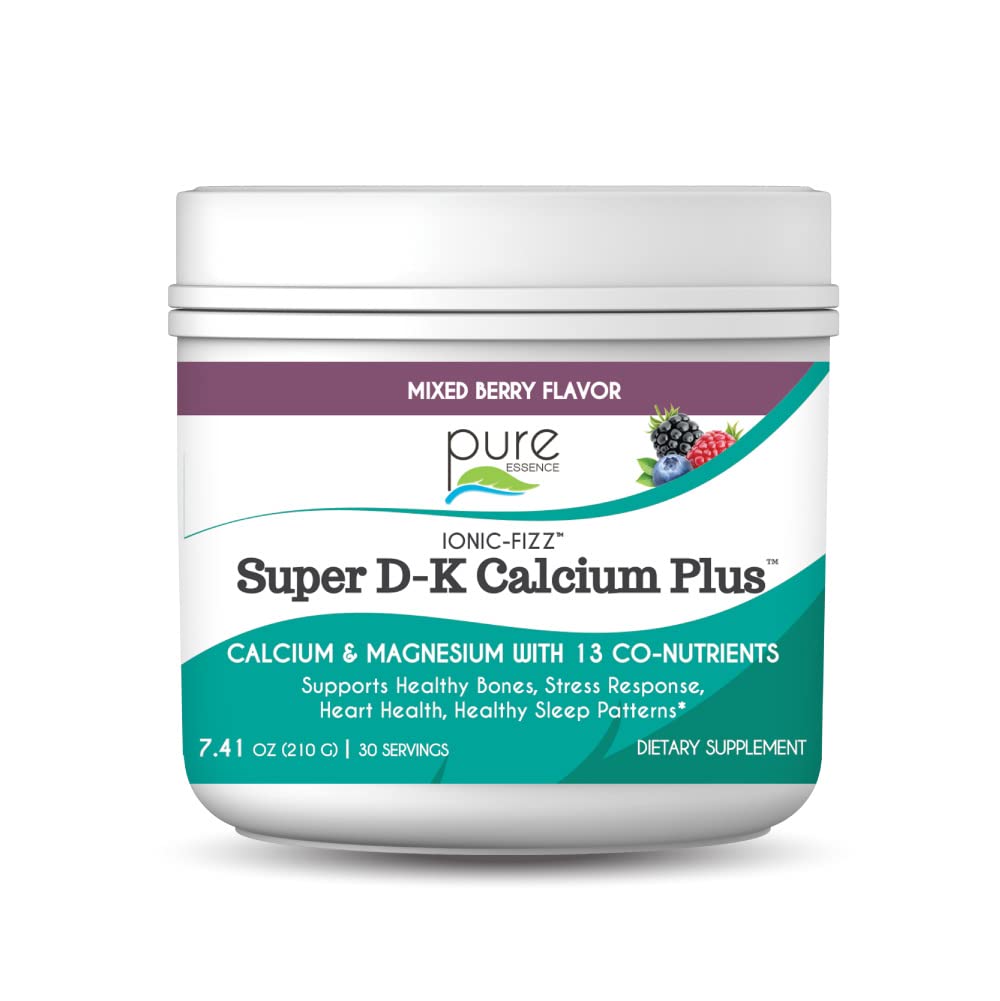 Ionic Fizz Super D-K Calcium Plus by Pure Essence - z dodatnim magnezijem, vitaminom D3, vitaminom K2 za močne kosti in podporo stresu - mešane jagode - 7,41oz