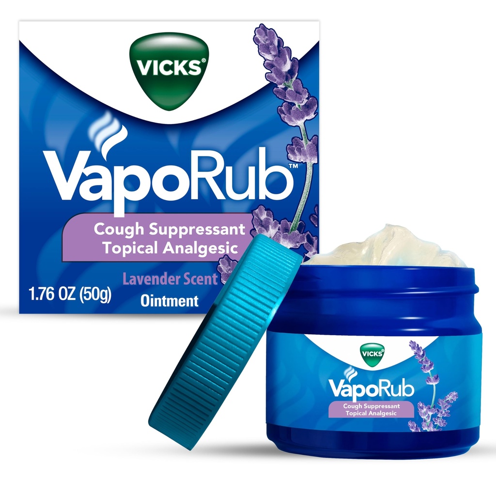 Vicks VapoRub, sivkasti voščenec, zatiranje kašlja, vrhnji prsni koš in analgetično mazilo, Medicated Vicks Vapors, Relief iz kašelj zaradi mraza, bolečine in bolečine, 1,76oz