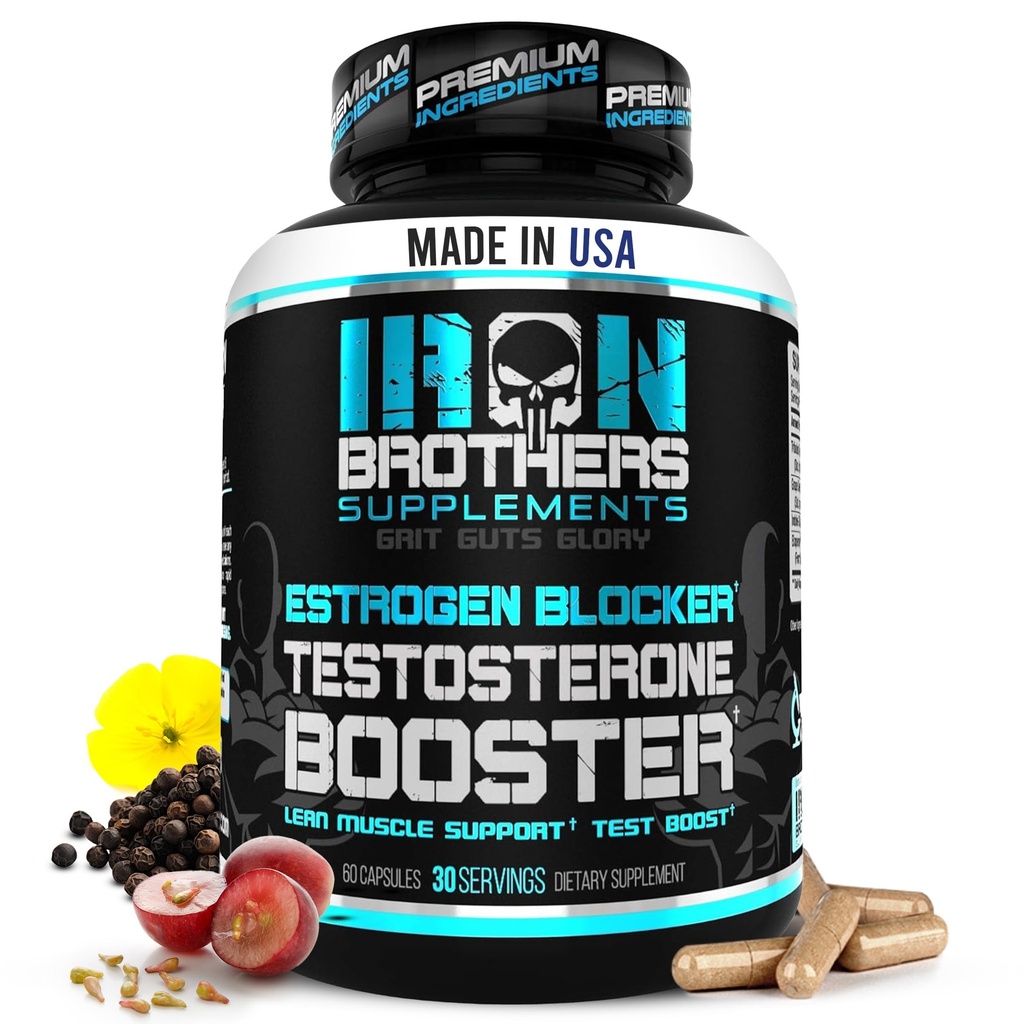 Iron Brothers Supplements Testosteron Booster za moške z estrogenskim blokatorjem - Prehranska dopolnila proti estrogenom - Grozdno seme in Tribulus Terrestris – pakiranje 60 kapsul – povečanje mišične rasti - 30 dni