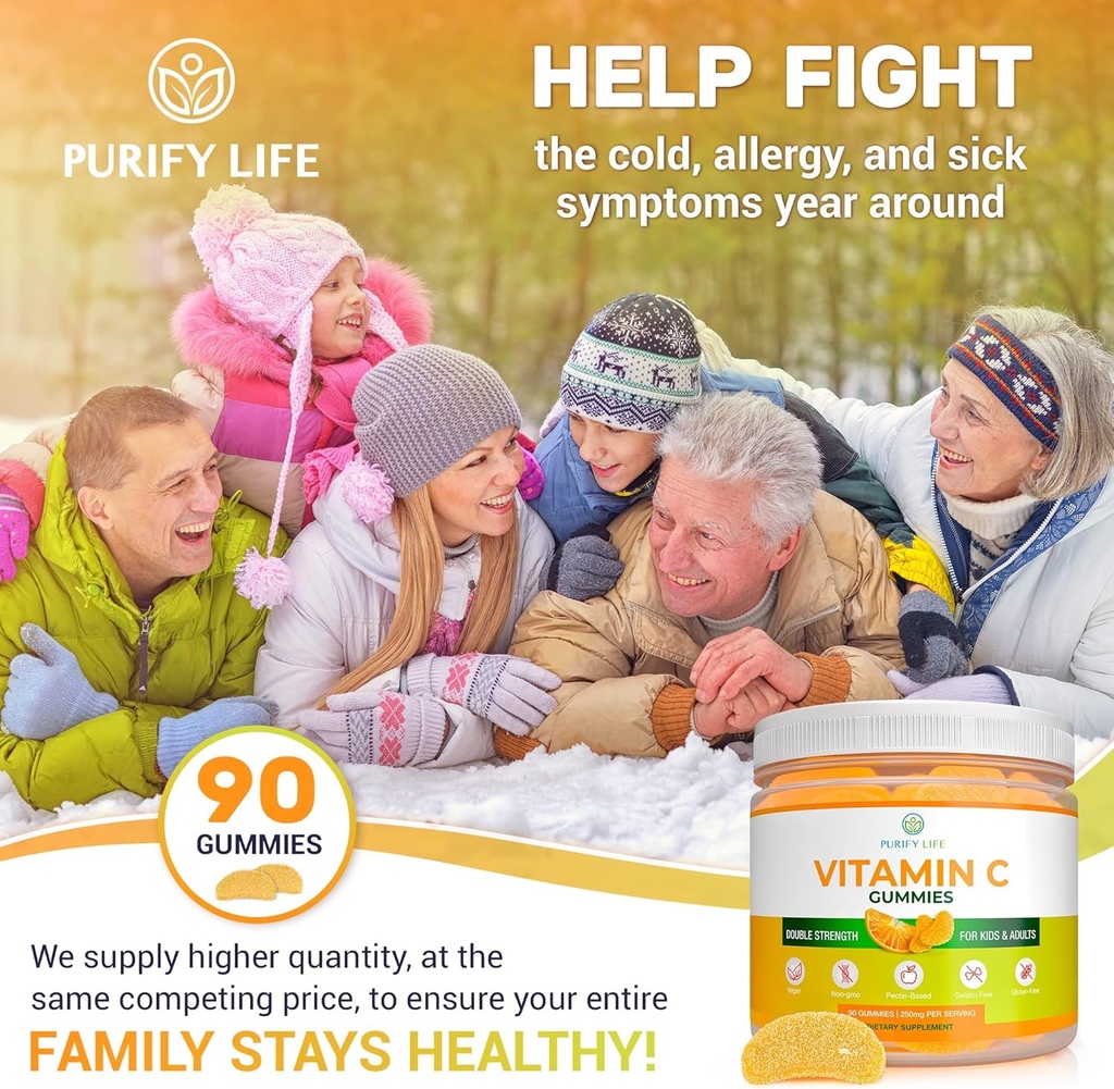 Močni vitamin C Gumiji za odrasle in otroke (Bulk - 90 Chews), Vegan Vitamin C Žvečilni gumi za imuno podporo z dvojno močjo, želatina in Gluten-free Gummy, nadomesti VIT C tablete, tablete in Syrup