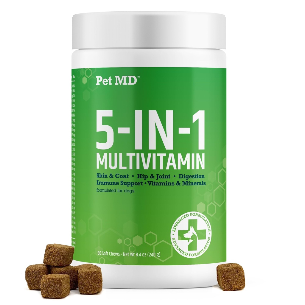 Pet MD 5in1 Dog Multivitamin - 30 Esencialni vitamini, minerali in hranila za kožo in plašč, Hip & Joint, Digestion, Senior Dog & Puppy Vitamins - Glukozamin, Omega 3 6 9, & Probiotics - 60ct