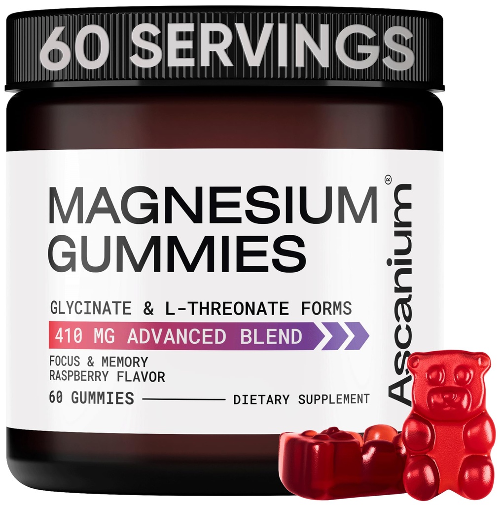 Magnesium Gummies - 410mg of Elemental Magnesium Glycinate & L-Threonate Supplement Complex - Vegan Magnesium Glycinate Gummies for Calm Mood, Muscle & Heart Support - Chewable Magnesium Gummy 60 pcs