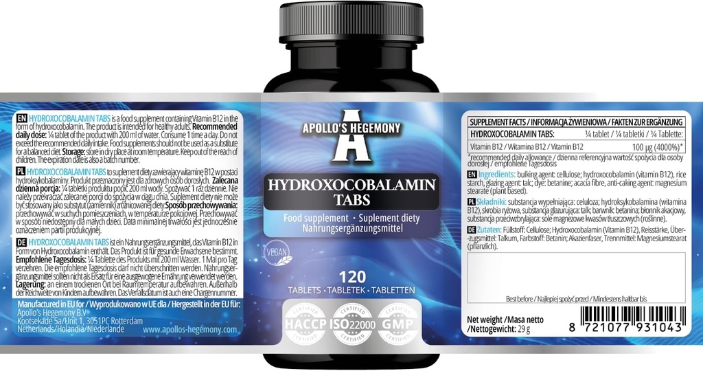 Hidroksokobalamin 100 μg na serviranje - vitamin B12- 120 veganske tablete - 480 strežbe - podpira živčni sistem in zmanjšuje utrujenost - prehranska dopolnila z Apollovo hegemonijo
