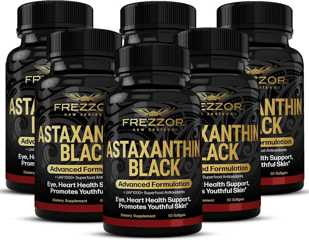 FREZZOR Astaksantin Črna z UAF1000+ Super antioksidant, Podpira srce, zdravje oči in možganov, Anti-Aging Skincare & Celularna zaščita, 12mg Astaksantin na Serve, 360 Softgels, 6 Mesec oskrbe