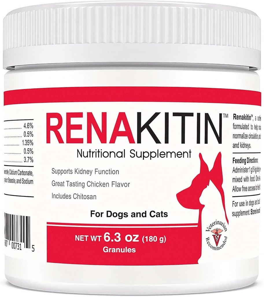Renakitin Ledvični dodatki za pse Mačke - vsebuje Chitosan in kalcijev karbonat, Podpora Optimalna ledvična funkcija, odličen okus Chicken Flavor, 6.3 oz