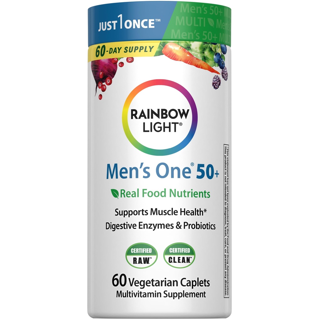 Mavrična svetloba Multivitamin za moške 50+, vitamin C, D in cink, probiotiki, moški One 50+ Multivitamin zagotavlja visoko odpornost imunske podpore, Non-GMO, Vegetarian, 60 tablet