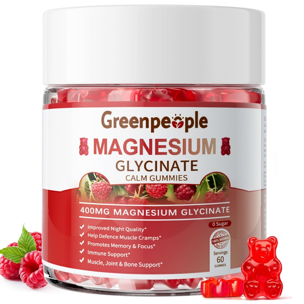 GREENPEOPLE Magnezijev Glicinat Gumies 400mg - Brez sladkorja Magnezij Kalij dodatek z magnezijevega malata, vitamin D, B6 in CoQ10 za mirno podporo in spanje za odrasle - Malina Gumies