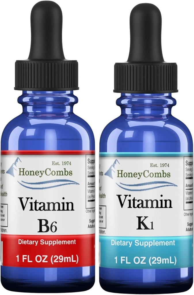 HoneyCombs Vitamin B6 & K1 Kapljice – tekoči piridoksin in vitamin K ekstrakti za Vegan, Podpira splošno zdravje, ne-GMO vitamin tekoči ekstrakt, 1 fl vsak