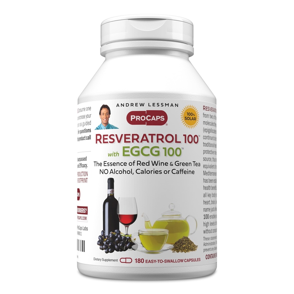 ANDREW LESSMAN Resveratrol-100 EGCG 100mg - 180 kapsul - dva naravno prisotna antioksidanta, brez alkohola ali kofeina.