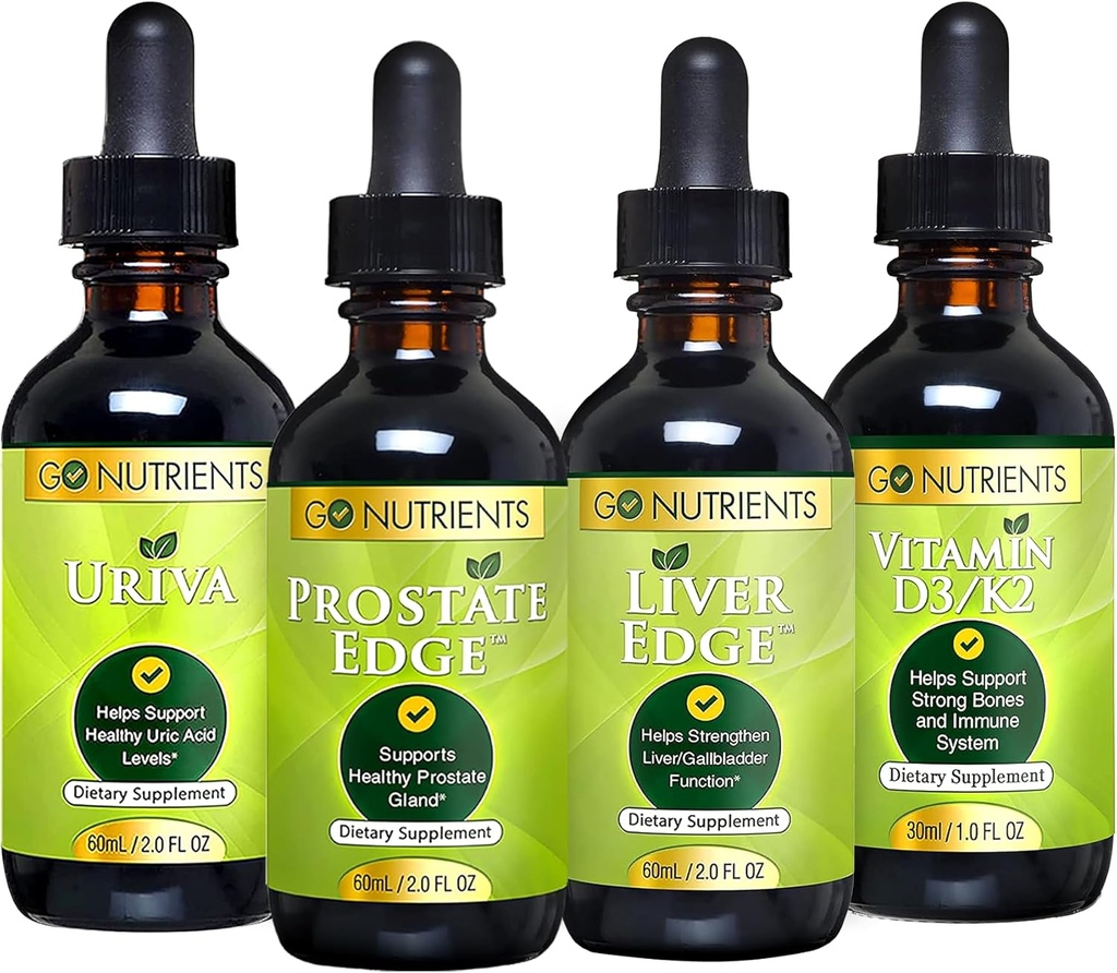 Go Nutrients Men's Health Bundle - Vitamin D3/K2, Jetrni rob, Prostata Edge, Uriva – Celovita podpora za zdravje kosti, jeter, prostate in sečne kisline – povečuje energijo, vitalnost in obrambo telesa
