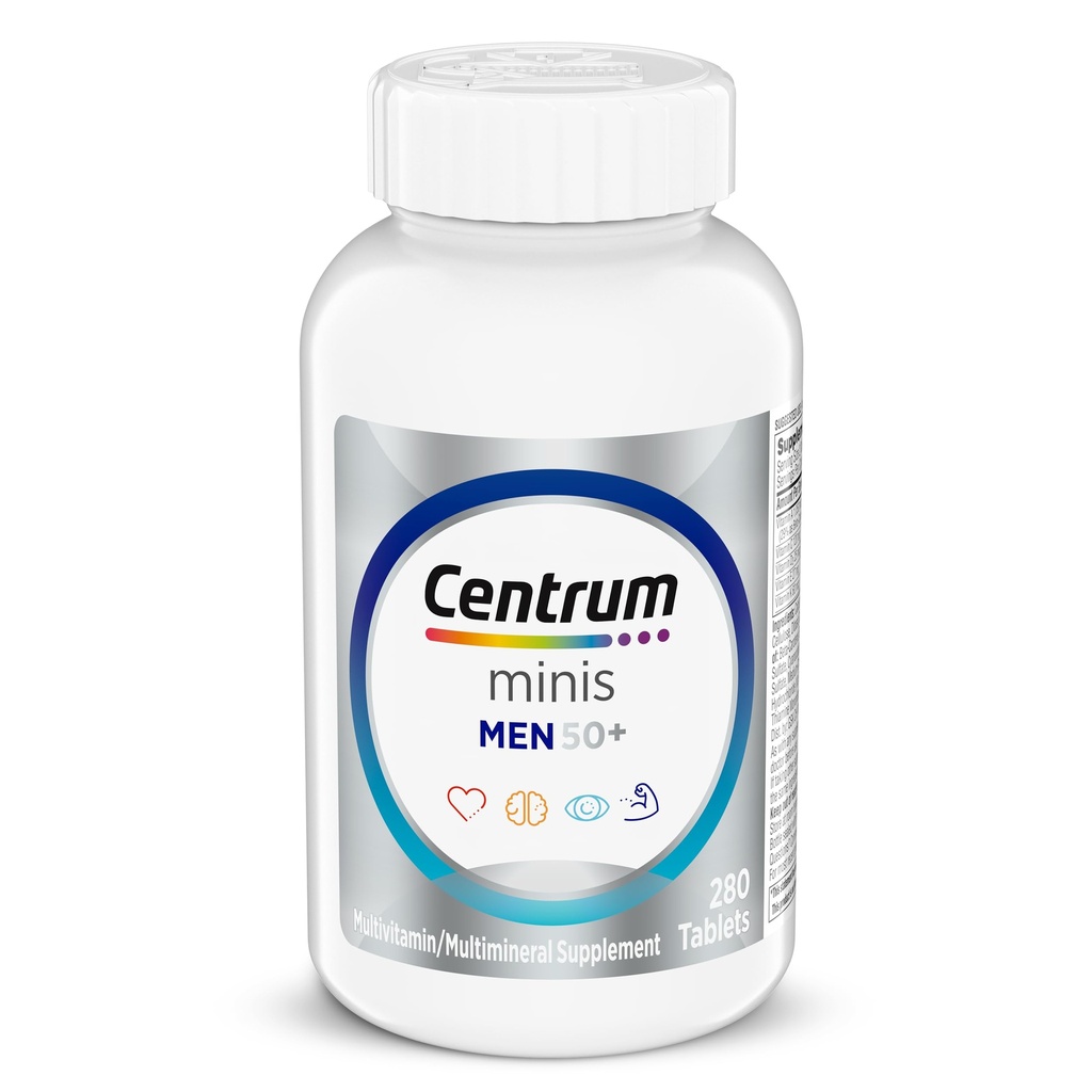Centrum Minis Srebrni multivitaminski za moške 50 Plus, Multivitaminski/Multimineralni dodatek, Vitamin D3, B-vitamini in cink, Ne-GMO Sestavine, Podpira spomin in kognitivne pri starejših odraslih - 280 Ct