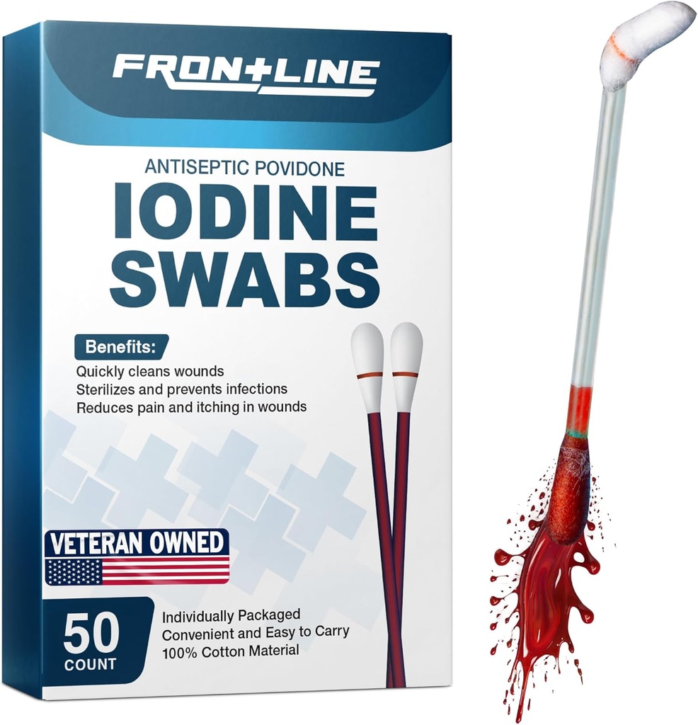 FrontLine Povidon Jodine Swabs, Antiseptični Swabsticks, Jodine Solution, čiščenje bombaž Swab, individualno zavitih medicinskih potrebščin, Rana nego, Prva pomoč, Rana čiščenje, Škatla 50