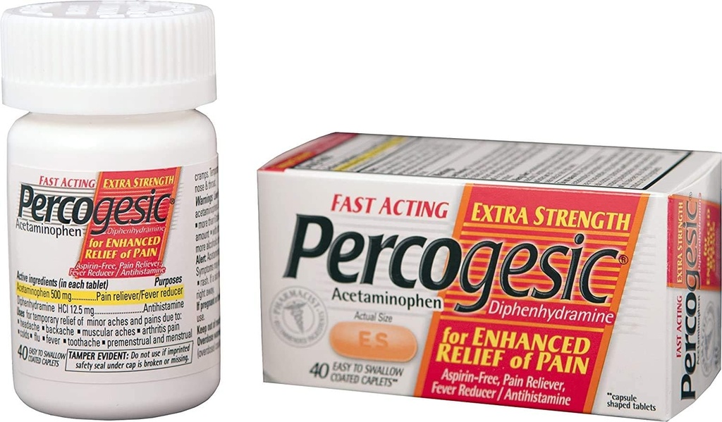 Percogesic Aspirin proste bolečine Relief tablete, dodatna moč, acetatfen in difenhidramin, 40 ct (paket po 1)