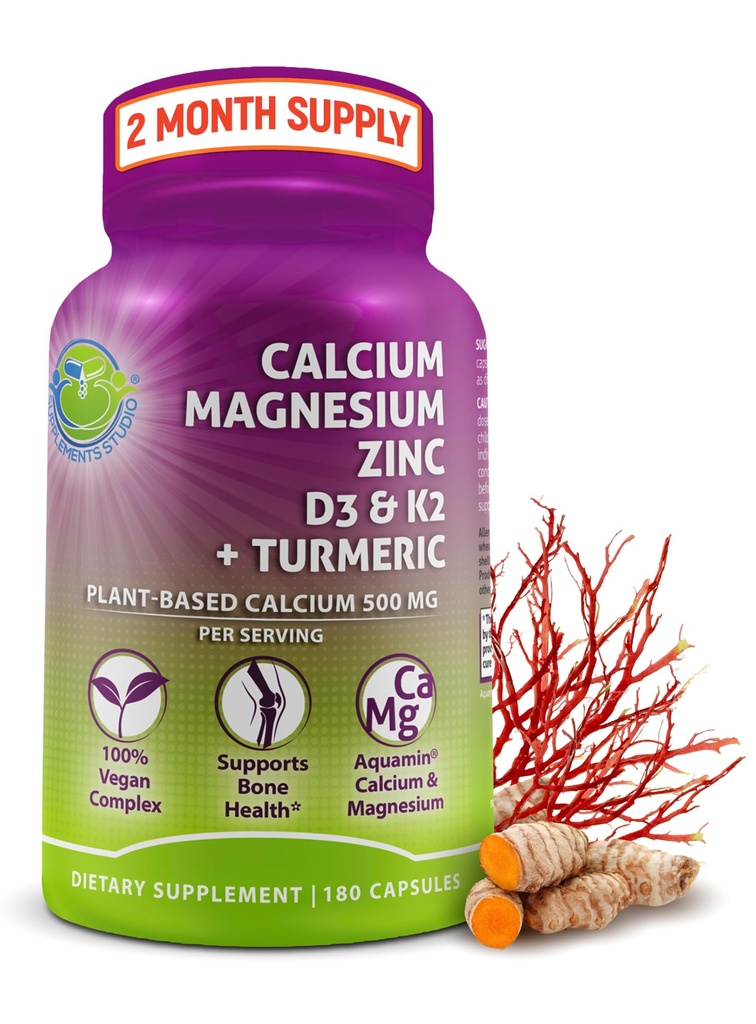 Rastlinsko-bazni kalcij 500mg (Aquamin) – veganski kalcij Magnezijev cink D3 z vitaminom K2 & organsko kurjavo – izboljšano zdravje kosti in mišic in moč, Imunska podpora za ženske in moške - 180 Count