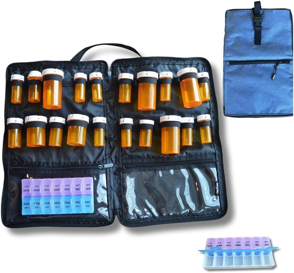 Travel Medicine Bag – Medicine Travel Bag & Organizer – Secure Bag for Medicine Travel with Lockable Zippers – Prostorna Medicine Shramba za recepte, tablete in medicinske potrebščine, Modra