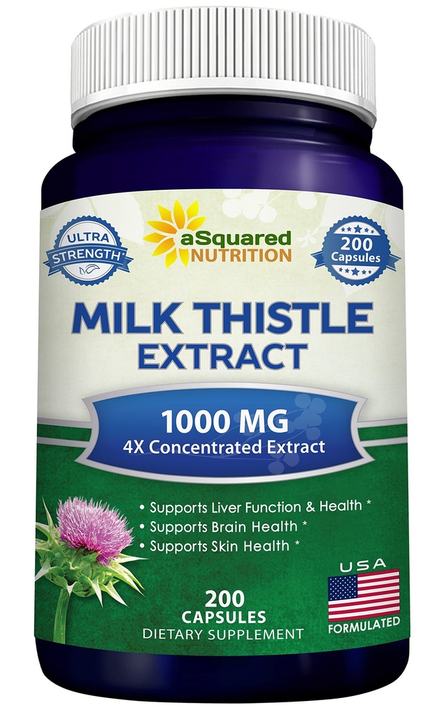aSquared Nutrition Milk Thistle dodatek 1000mg-200 Kapsule,Max Jakost 4X Zgoščen ekstrakt 4:1 Milk Thistle Seed Powder Herb tablete, 1000 mg Silimarin ekstrakt za podporo jeter, čiščenje, detox