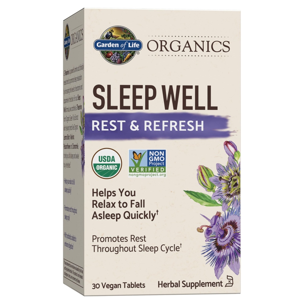 Vrt življenja Organics Sleep Well Rest & Osveži 30 Tablet, Lemon Balzam, izvleček zelenega čaja L-Theanine, Valerian Root, Kamilica, Probiotics-Organic Non-GMO Vegan Gluten Free Zeliščni dodatek