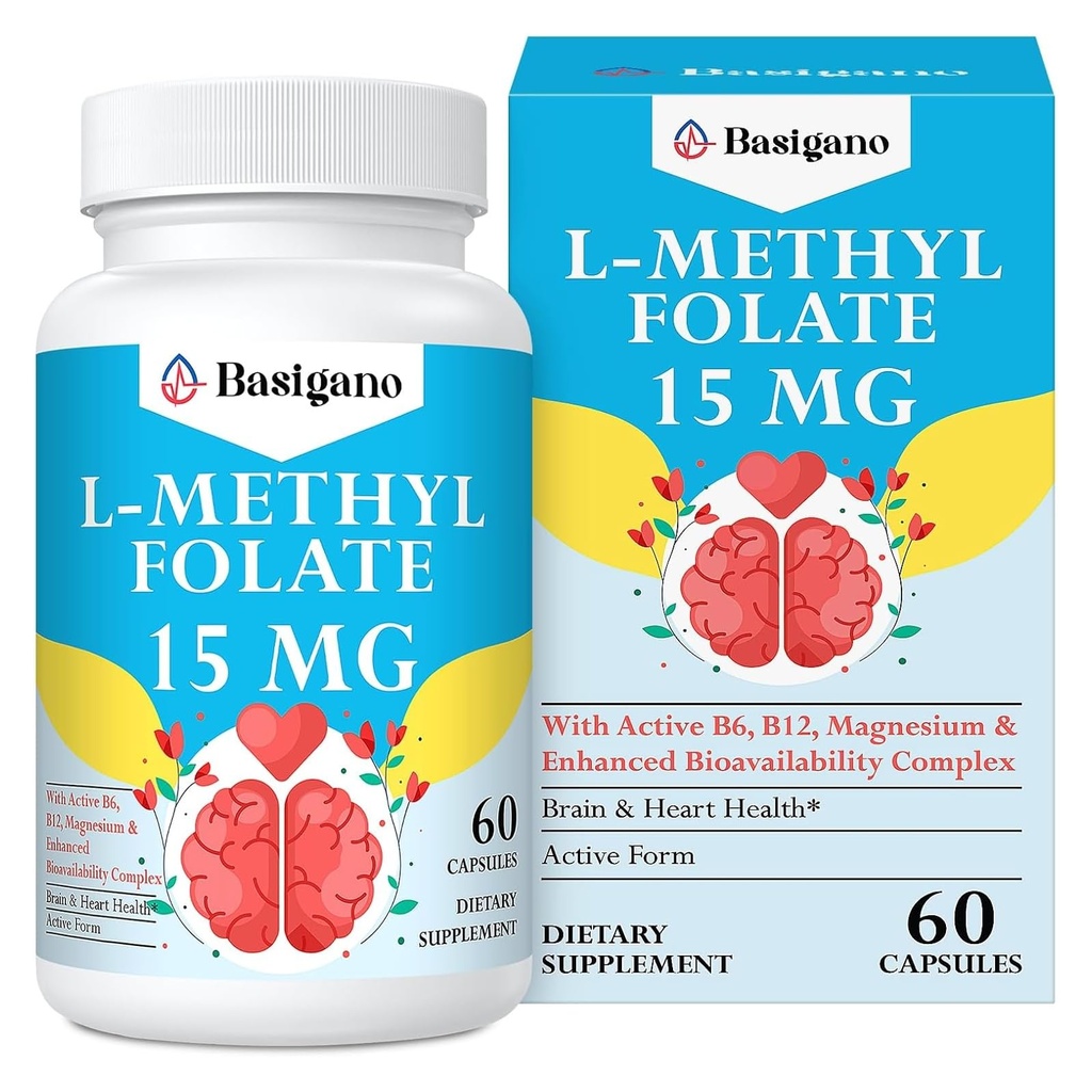 15 mg L metilfolata (5-MTHF) - aktivna folna kislina, obogatena z vitaminoma B6 in B12-60 vegetarijanske kapsule - brez glutena