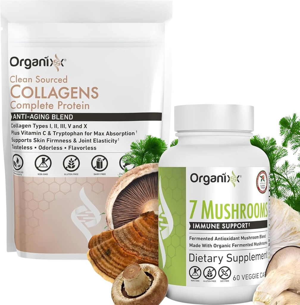 Organixx Čisti kolagenski prašek, nearomatiziran, 20 serviranja in organska goba dodatek (60 vegetarijanska kapsula)