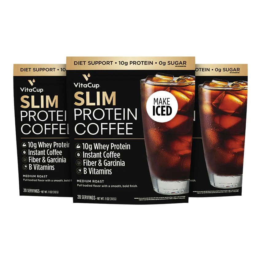 VitaCup Slim Protein Coffee Shake for Diet Support, Instant Coffee w/Whey Protein Powder, B Vitamini & Fiber, Dietitik razvit za zmogljivost in okus, make as Iced ali Shake, 3 vrečke