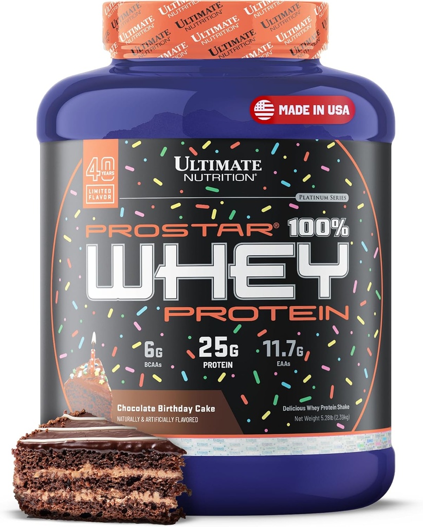 Ultimate Nutrition Prostar Whey Protein Powder Izolat, Chocolate Rojstni dan Torta - Nizka vsebnost ogljikovih hidratov, Visoka vsebnost beljakovin v prahu Shake for Muscle Gain & Recovery - Nizka vsebnost natrija, nizka vsebnost maščob & Keto Prijazna - 5.28 lbs Tub