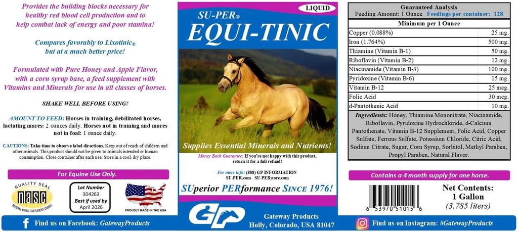 SU-PER Equi-Tinic Horse Minerals Supplement - Bistveni minerali in hranila za zdrave krvne celice in energijo - 1 Galon