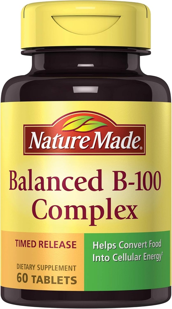 Nature Made Uravnoteženo B-100 Časovno sproščanje (Tiamin, Riboflavin, Niacin, B6, B12, Biotin, Pantotenska kislina in folna kislina) Tablete 60 Ct