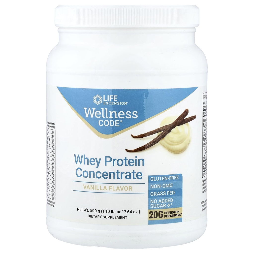 Life Extension Wellness Code Whey Protein Concentrat 20g Mišična rast in imuno zdravje - Izvira iz trave-fed, Free-Range, Hormone-free krave, Non-GMO, Brez dodanega sladkorja, Vanilla- 500g