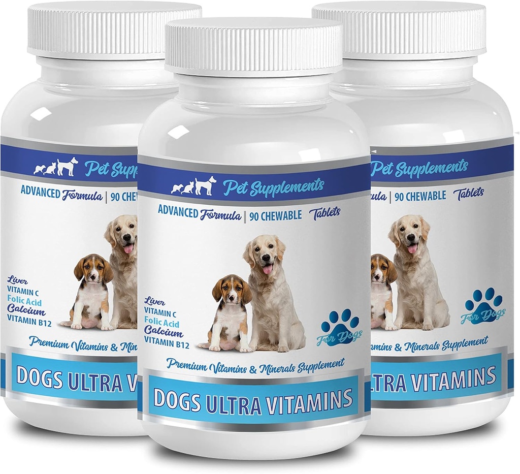 Dog Minerali Vitamini - Ultra Vitamini za pse - Žvečilni - Močna formula - Mineralni kompleks - Dog Kalcijeve tablete - 270 Zdravljenja (3 steklenice)