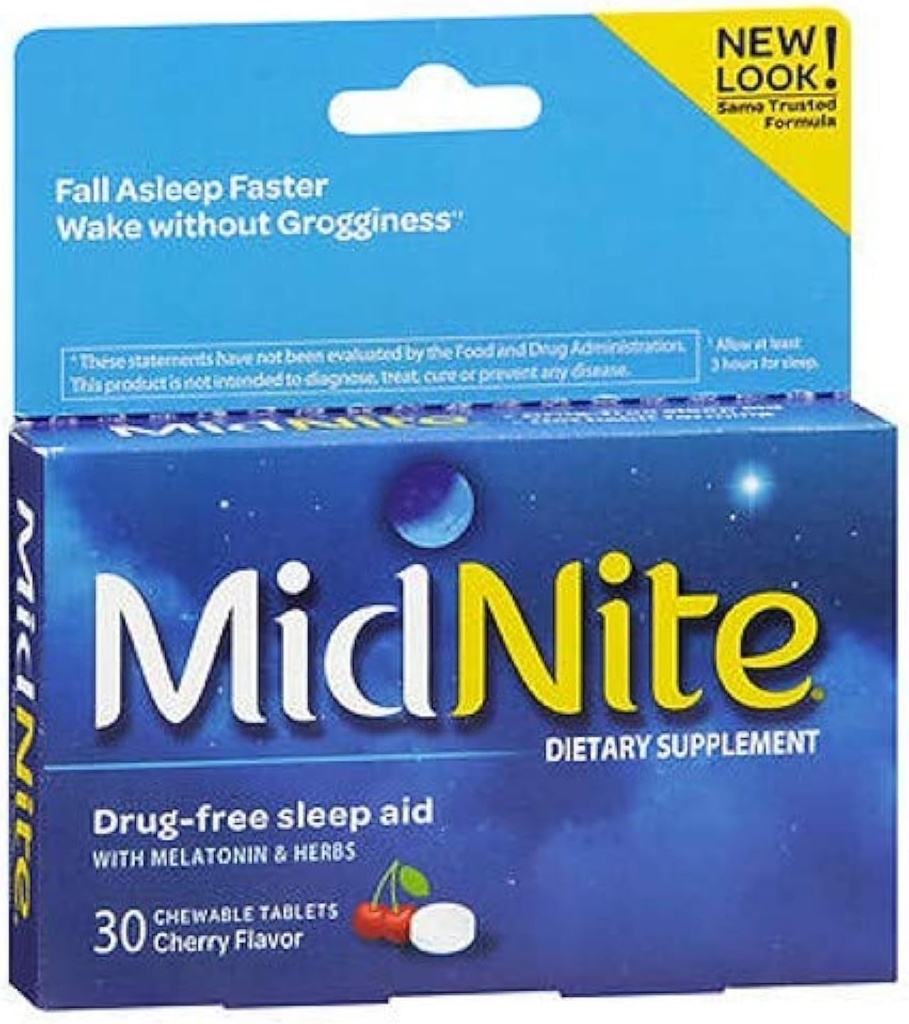 MidNite Spanje Zdravje za občasno nespečnost, 30 Žvečljive češnjeve tablete (Pack z 3)