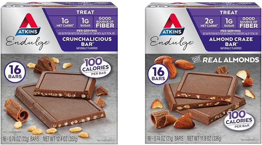 Atkins Endulge Treat Bars, Crunchalicious & Almond Craze Okusi, 1-2g Net Carbs, 1g sladkor, Dobra Fiber Vir, Keto prijazno, 16 grof