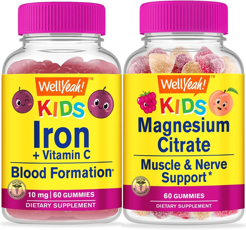 WellYeahe Iron + Vitamin C Otroci + Magnezijev citrat Otroci, Gummies Bundle - odličen okus, Vitamin dopolnilo, Gluten brezplačno, GSO brezplačno, Žvečljivi gumi